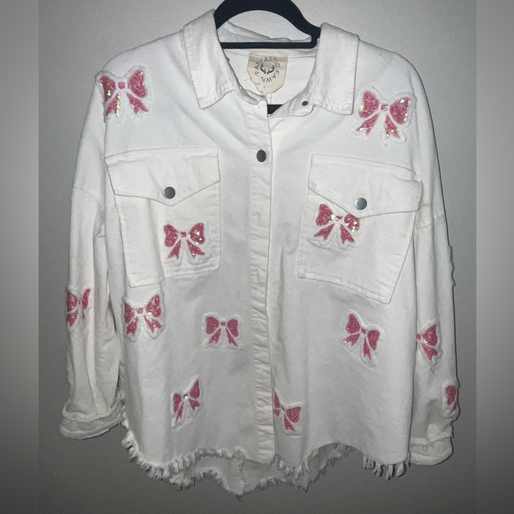Fantastic Fawn Ivory Shacket with Sequin Pink Bow Accents